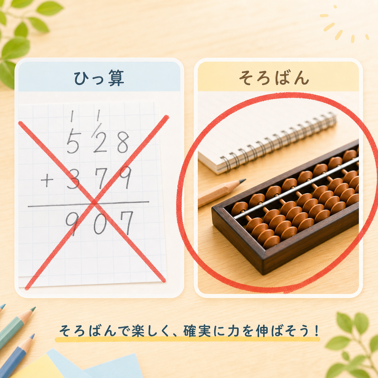 ひっ算にバツ、そろばんに丸をつけた比較画像